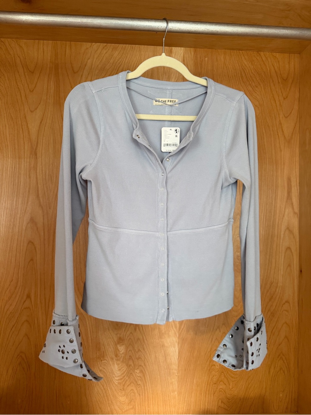 We The Free Pale Blue Button-Front Long Sleeve Top with Eyelet Bell Cuffs